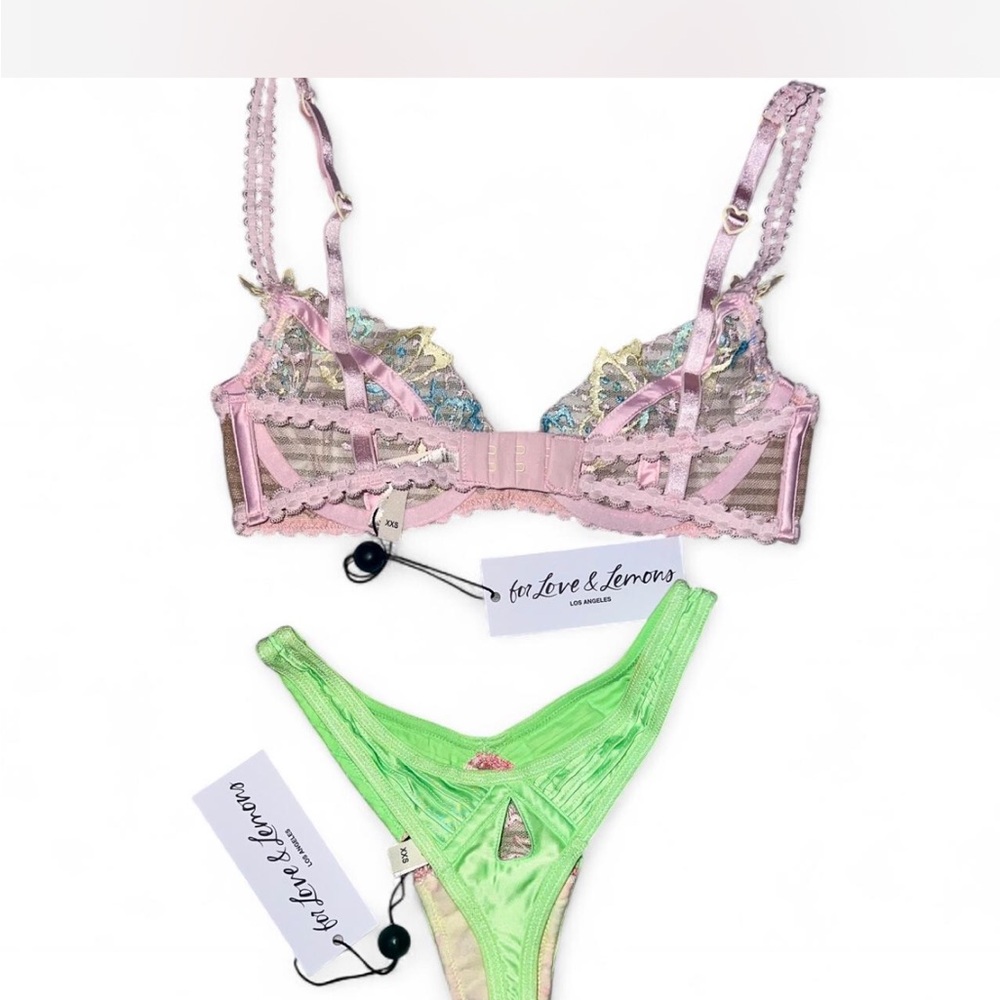 For Love And Lemons Pastel Pink and Lime Green Lace Bra Set